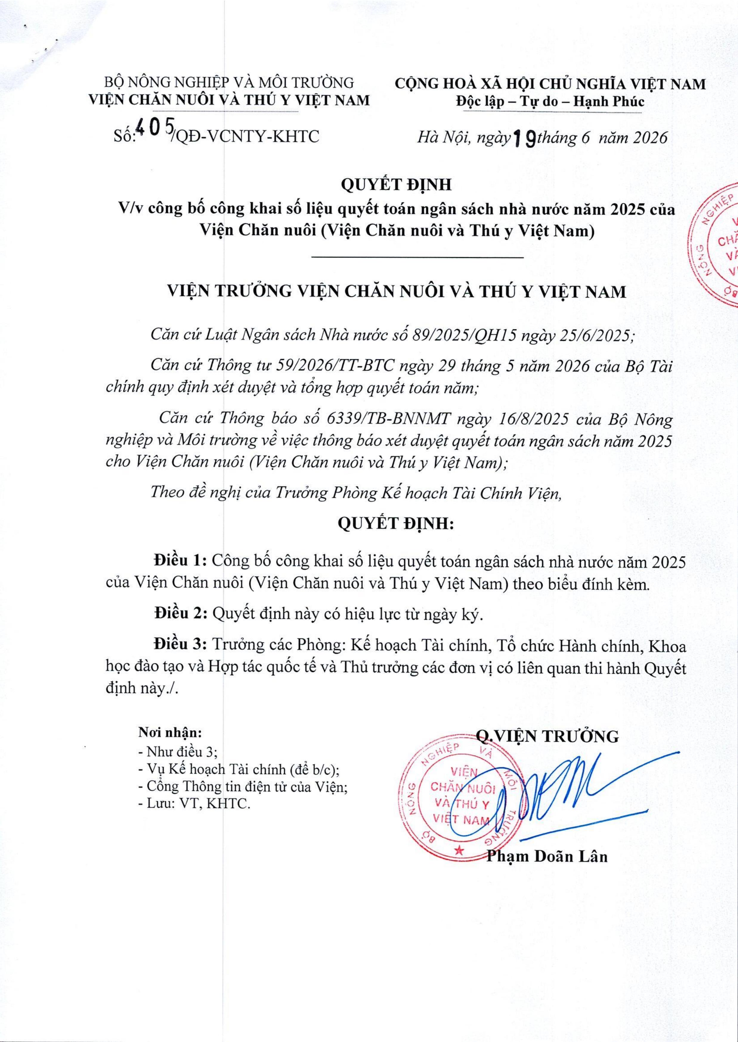 Quyết định công bố công khai số liệu quyết toán NSNN 2025 Viện Chăn nuôi (Viện Chăn nuôi và Thú y Việt Nam)