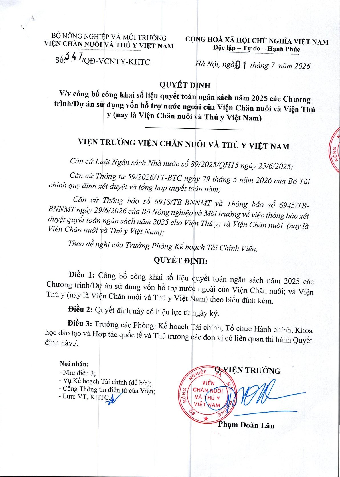 Công văn số 347 về việc công bố công khai số liệu quyết toán ngân sách năm 2025
