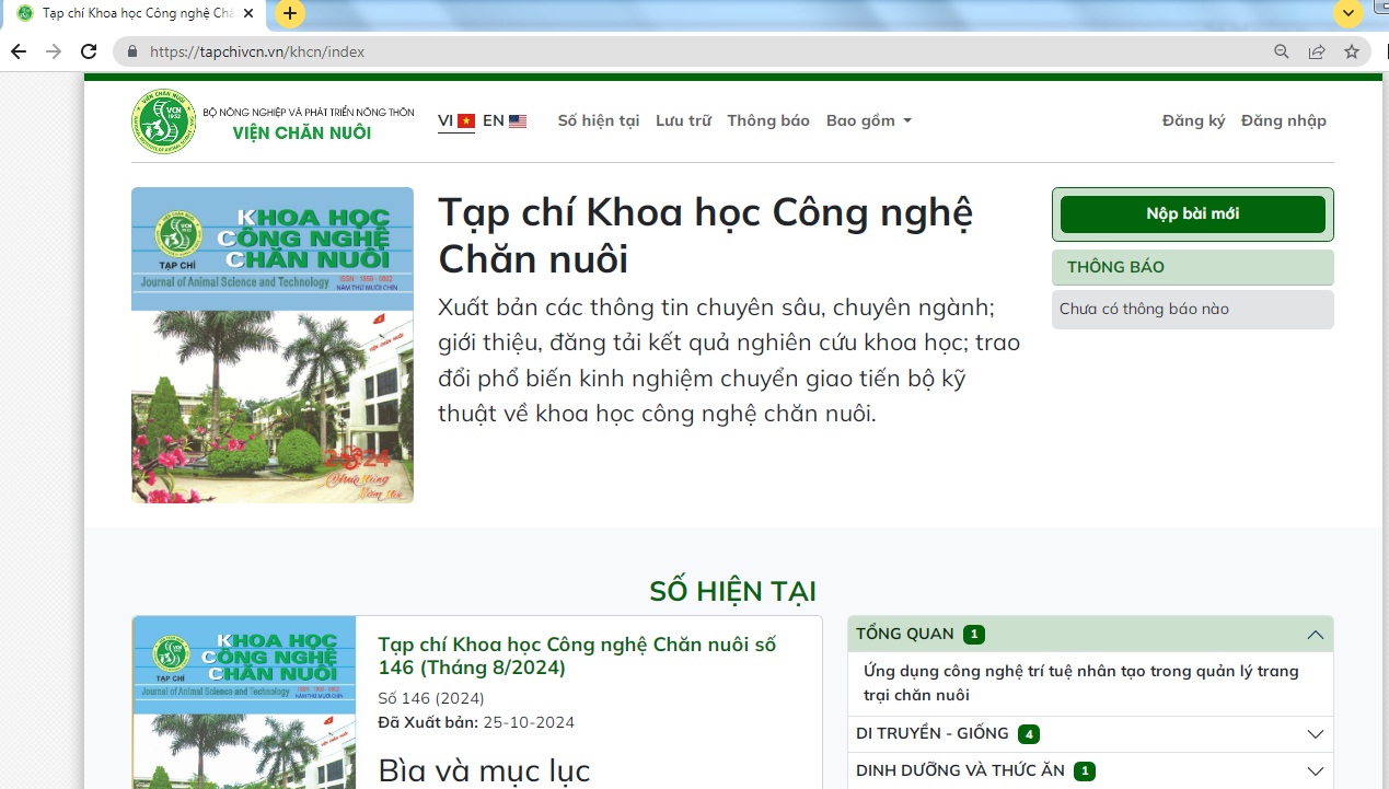 Thông báo:  Các số tiếp theo sẽ được đăng tải trên trang web của Tạp chí Khoa học Công nghệ Chăn nuôi